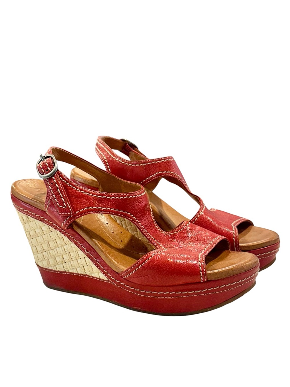 Anthropologie Naya Red Leather Wedge Sandals with Woven Espadrille Detail - 9 - Picture 2 of 11
